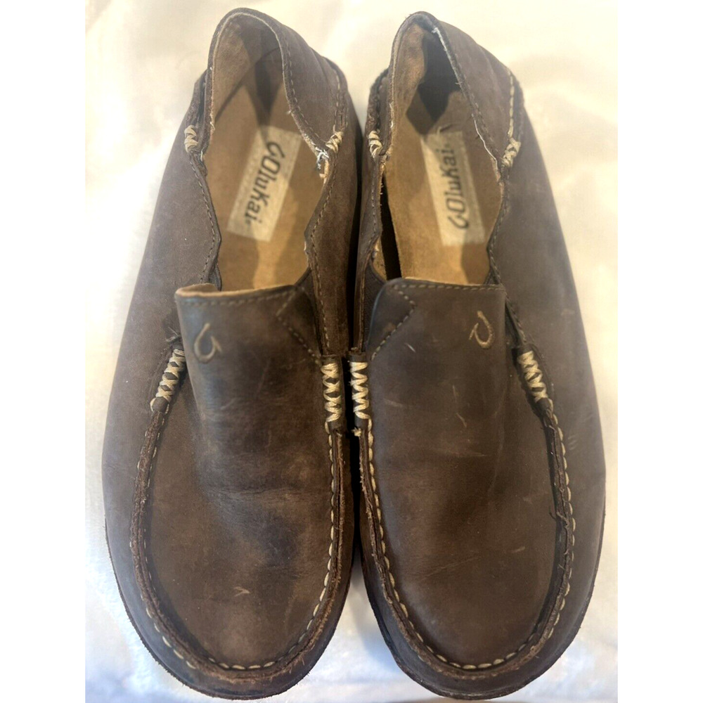 OLUKAI Mens Moloa Shoes 8.5 Slip On Loafers Leather Dark Wood Comfort Casual - Picture 2 of 10
